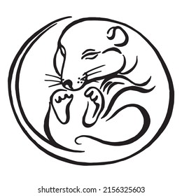 Sleeping mouse logo design template. Black and white animal isolated on white. Wildlife. Drawing of a funny sleeping rat. Vector calligraphy illustration. tattoo design.