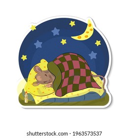 A sleeping mouse or rat under patchwork blanket on background of night sky with moon in form of cheese. Cozy cute image, concept of sleep, peace and sweetness in form of sticker. Vector illustration.