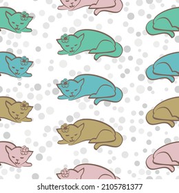 Sleeping multicolor felines vector seamless pattern in blue, green, beige and pink on a white dotted background