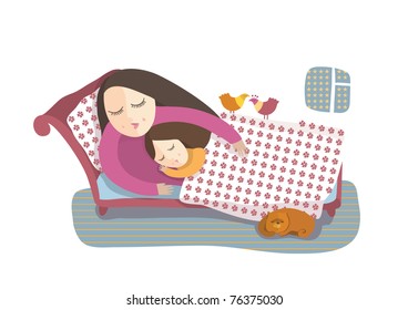 Sleeping mum, the daughter, birds, cat. Vector illustration