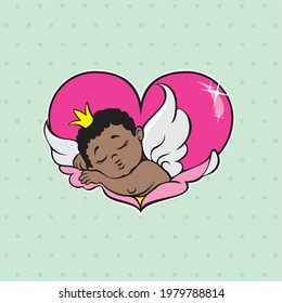 Sleeping newborn baby with angel wings and a crown. Vector heart-shaped design element in a charming vintage style. Logo sign, graphic illustration for a card or banner.