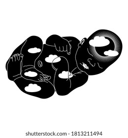 Sleeping newborn baby with sun and clouds inside. Creative concept for inner universe. Black and white silhouette.