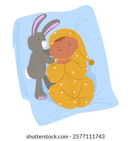 Sleeping newborn wearing cute nightdress lying in bed with favorite bunny toy vector illustration. Tranquil scene with little dreamlike infant child relaxing on folded blanket. Baby shower design