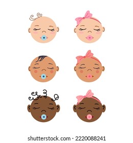 Sleeping newborns frontal portraits. Set of Multiracial baby faces. Tiny boys and girls. Flat style hand drawn vector illustrations.