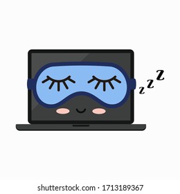 Sleeping off laptop vector icon isolated on white. Asleep black computer with blue sleeping mask. Cute funny modern device with funny kawaii style face. Digital emoji illustration for web, apps design