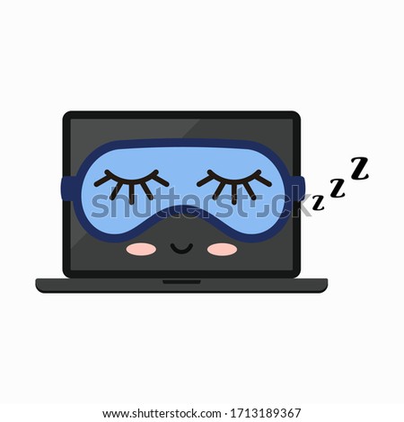 Sleeping off laptop vector icon isolated on white. Asleep black computer with blue sleeping mask. Cute funny modern device with funny kawaii style face. Digital emoji illustration for web, apps design