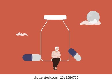 Sleeping old woman in the pill bottles. concept of pills, good sleep, Insomnia, exhausted and frustrated
