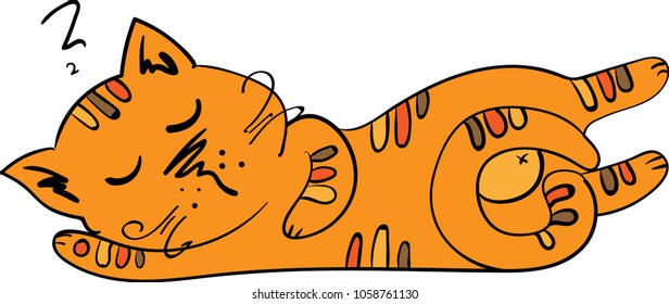 Sleeping on the back of a ginger cat. Hsnd drawing. Cute cartoon spotted cat on a white background. Hand drawn vector. Sleeping funny cat, hand drawn, vector illustration
