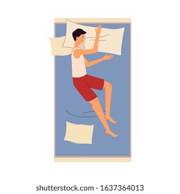 Sleeping on bed young man cartoon character flat vector illustration isolated on white background. Night relaxation, rest and correct daily schedule concept.