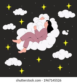 Sleeping on a cloud. Illustration with woman sleeping on a cloud. Flat vector hand drawn character. Sweet dreams.