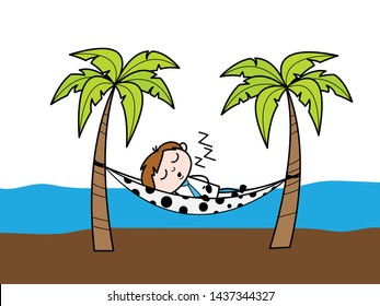 Sleeping on Hammock at Beach - Office Salesman Employee Cartoon Vector Illustration