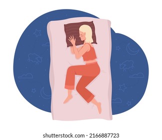 Sleeping on side comfortably at night 2D vector isolated illustration. Resting young woman flat character on cartoon background. Colourful editable scene for mobile, website, presentation