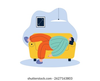 Sleeping on the sofa in a makeshift position, laziness vector illustration.