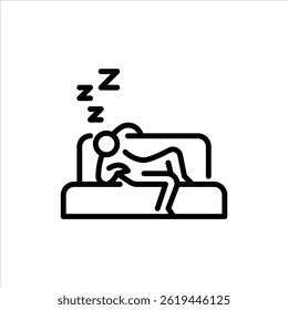 Sleeping on sofa outline icon. stickman black line art illustration.