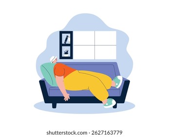 Dormir no sofá sem remover o chapéu usado, ilustração de vetor de preguiça.