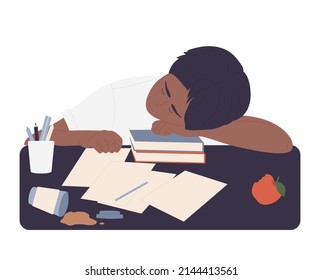 Sleeping on table exhausted student. Study burnout, tired school pupil isolated illustration