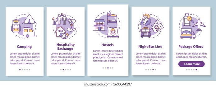 Sleeping onboarding mobile app page screen with concepts. Camping, hospitality exchange. Budget traveling walkthrough five steps graphic instructions. UI vector template with RGB color illustrations