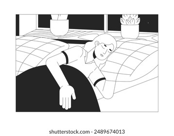 Sleeping one woman only black and white flat line illustration. Napping blonde female 2D lineart character isolated. Relaxed girl with closed eyes laying down in bed monochrome vector outline image