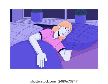 Sleeping one woman only cartoon flat illustration. Napping blonde female 2D character isolated on white background. Relaxed girl with closed eyes laying down in bed scene vector color image