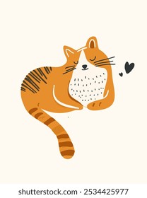 Sleeping orange cat curled up with closed eyes and stripes on its fur, vector illustration in children's style