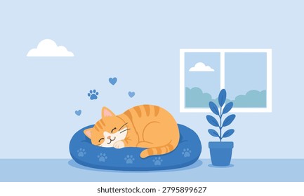 Sleeping Orange Cat Flat Vector Pet Illustration