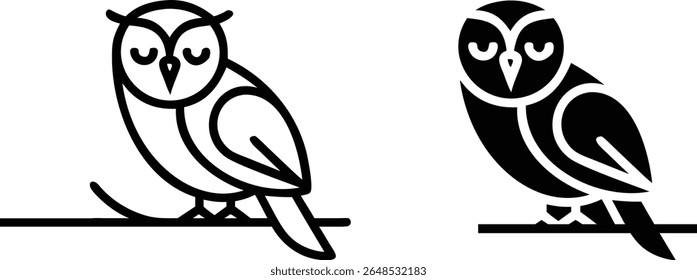 Ícones de arte de linha de coruja - Ilustração de design de pássaro de vetor preto e branco
