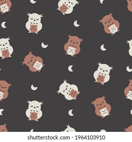 Sleeping owl mother and her child vector graphic seamless pattern can be use for background and apparel design
