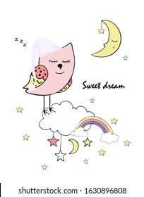 A sleeping owl in a nightcap on a cloud with the moon stars and a rainbow. Night card with an owl in a children's cartoon style colorful hand drawing isolated on white. Vector illustration.