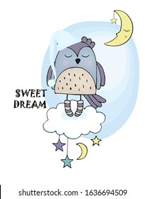 A sleeping owl in a nightcap on a cloud with the moon and stars. Night card with an owl in a children's cartoon style colorful hand drawing isolated on white. Vector illustration.