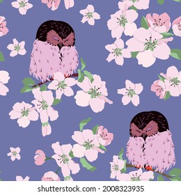 Sleeping owl on the branches of blossoming cherry. Seamless vector illustration. For decorating textiles, packaging, wallpaper.