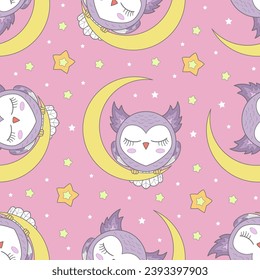 Búho dormido en la luna con estrellas de fondo rosado. Patrón sin foco. Para el diseño textil infantil, pijamas, ropa de cama, estampados, carteles, tarjetas, etc. Vector