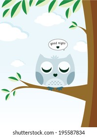 Sleeping owl on tree with massage good night.