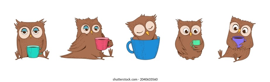 Sleeping owls hold coffee cups. Owl dreaming, sketch tired wild birds with hot drinks vector set