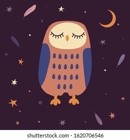 Sleeping owls. Illustration for backgrounds, card, posters, banners, textile prints, cover, web design. 