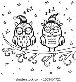 Sleeping owls on the branch coloring page. Good night coloring book. Black and white background. Sweet dreams vector illustration 