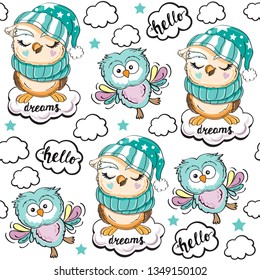 Sleeping owls on a white background seamless pattern