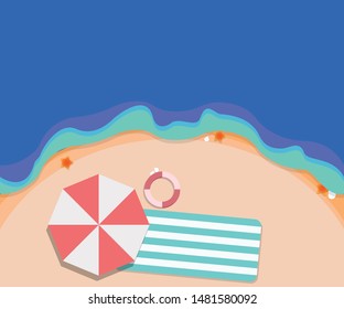 Sleeping pad with umbella and life ring on beach with sea tide on holiday for background, vector