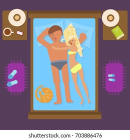 Sleeping pair lovers. Young family Isolated on bedroom interior background top view. Flat style vector illustration for infographic