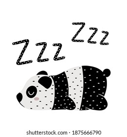 Sleeping panda bear with zzz textured lettering isolated on white background. Cute childish hand drawn vector illustration.