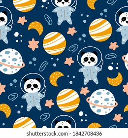 Sleeping Panda Cosmonaut And Space Elements: Stars, Moon, Planets And Space Debris Childish Seamless Pattern Vector Illustration In Scandinavian Style And Colors.