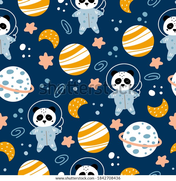 Sleeping panda cosmonaut and space elements: stars, moon, planets and space debris childish seamless pattern vector illustration in Scandinavian style and colors.