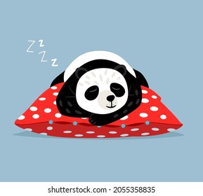 Sleeping panda. Cute lazy asian bear on polka dot red pillow, tired sleep comic animal bears vector cartoon illustration, kawaii relax weekend character mascot isolated on blue