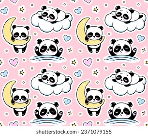 Sleeping Panda, Moon Clouds Stars Seamless Pattern on a Pink Background. Cute Vector Baby Print Illustration. Cartoon Animals Texture.
