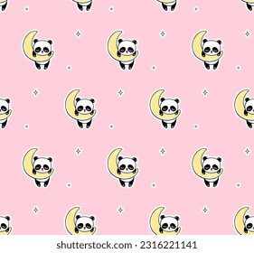 Sleeping Panda, Moon and Yellow Stars Seamless Pattern on a Pink Background. Cute Vector Baby Print Illustration. Cartoon Animals Texture.