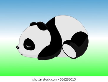 Sleeping panda on the ground against the sky