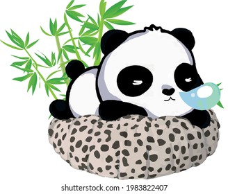 Sleeping Panda in a pillow with bambo behind