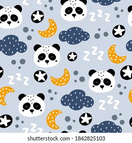 Schlafpanda mit Sternen, Mond und Wolken handgezeichnet nahtlose Muster in skandinavischer Art Vektorgrafik. Rutsche Panda-Gesichtsmuster.