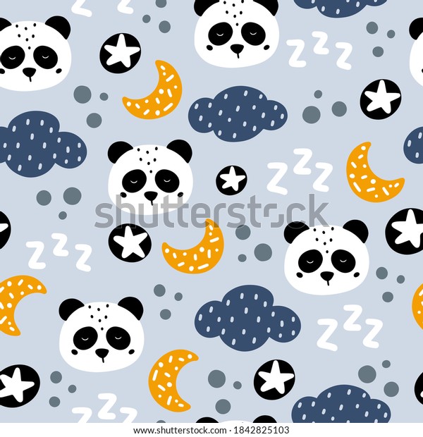 Sleeping panda with stars, moon and clouds hand\
drawn seamless pattern in Scandinavian style vector illustration.\
Cute panda character face\
pattern.