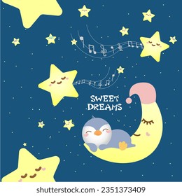 Sleeping penguin on the moon, singing stars, playing a lullaby. Vector illustration