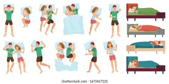 Sleeping people. Adult couple sleep together, asleep person. Man and woman sleep in different positions vector illustration set. Couple woman and man sleep in bed, asleep night married